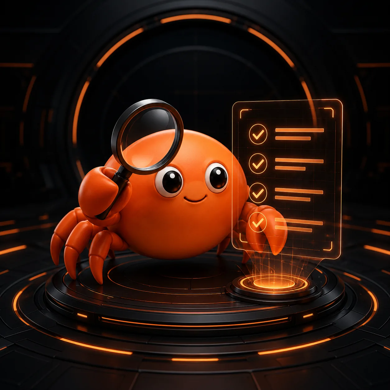 Mr Crab 7 revisando con lupa una checklist de cumplimiento de IA