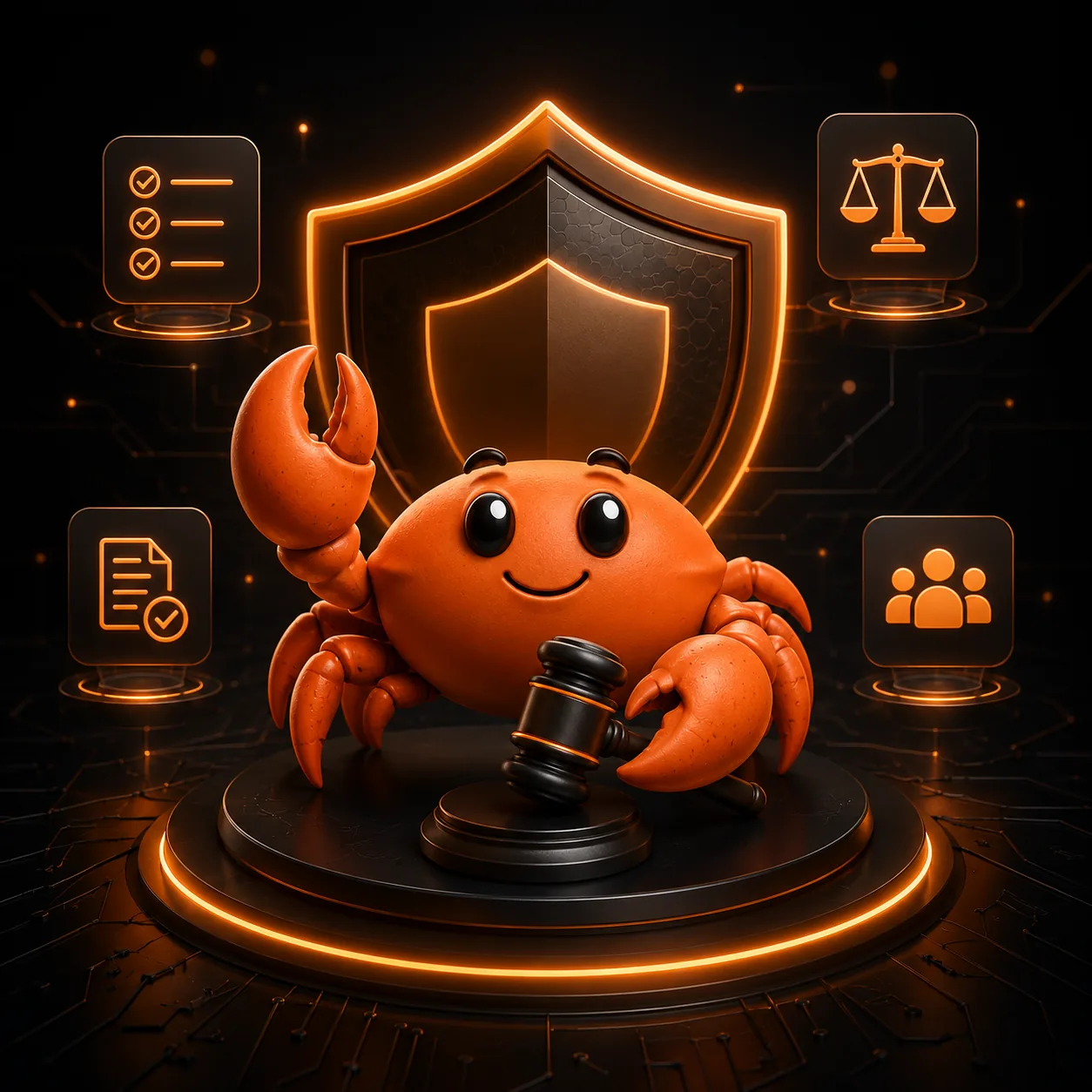 Mr Crab 7 con mazo de juez y escudo de seguridad: preparación ante una inspección normativa