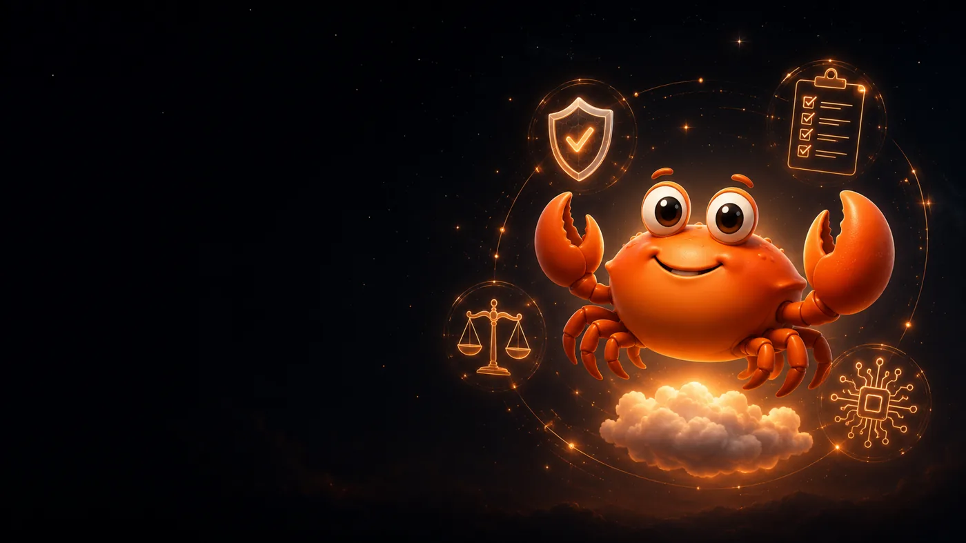 Mr Crab 7 con lupa, escudo de seguridad y checklist: auditoría de uso de IA