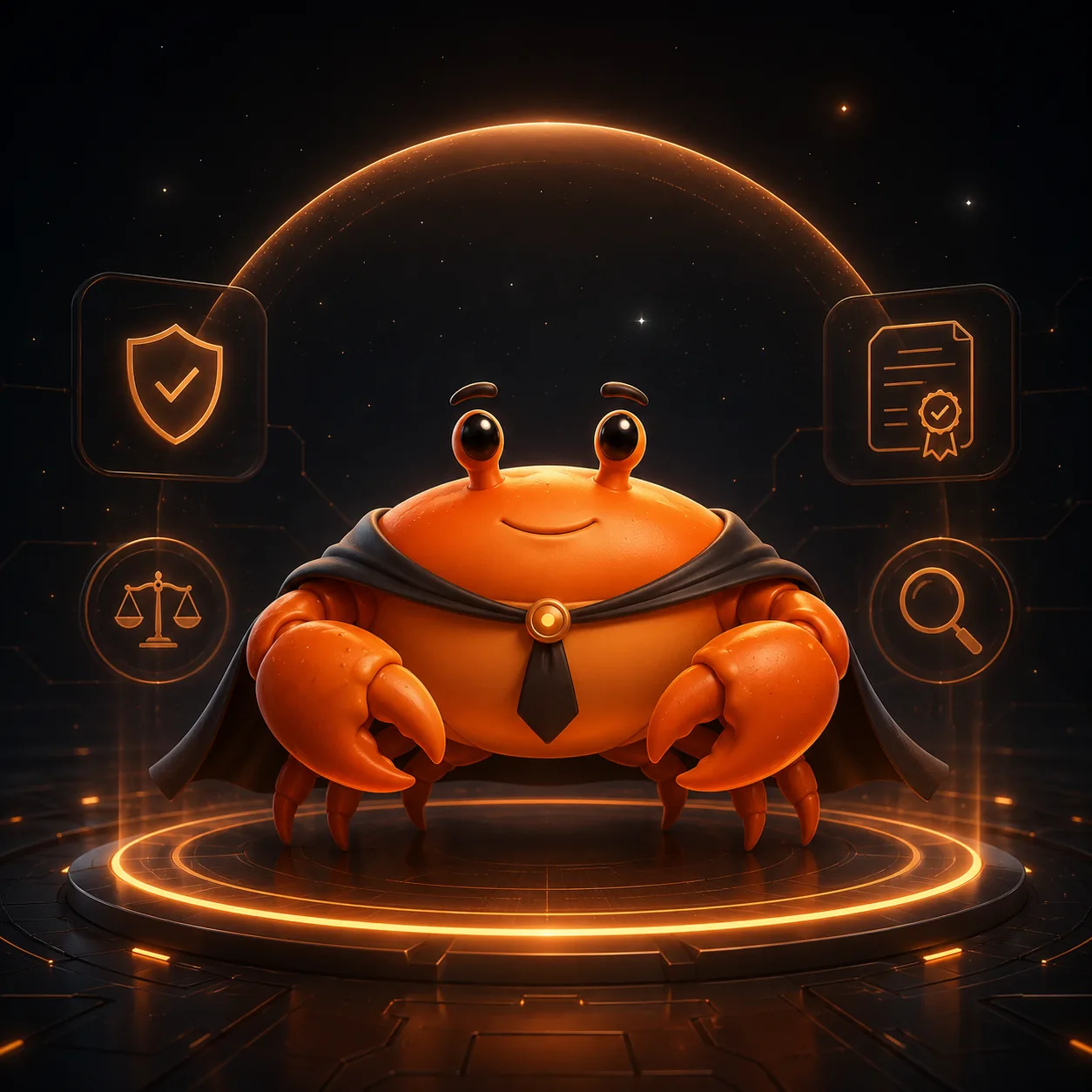 Mr Crab 7 con toga, balanza y certificado: cumplimiento normativo de IA