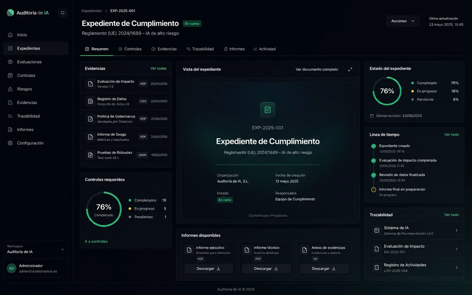 Ejemplo de expediente de cumplimiento de IA con evidencias, controles y trazabilidad